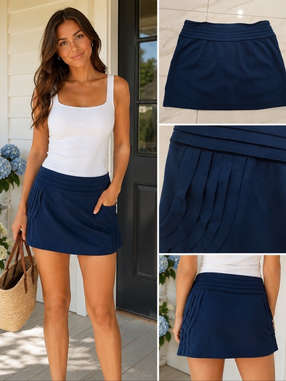 Maddy K Navy Blue Pleated Mini Skirt Size L Side Zip Pocket Detail